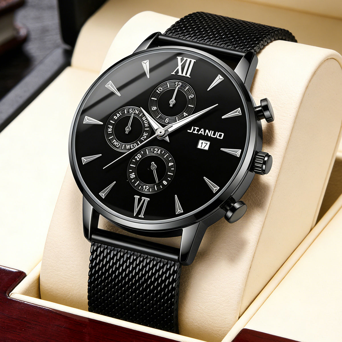 Stainless Mesh Band - นาฬิกาข้อมือผู้ชายสไตล์ลำลองสุดเทรนดี้ สายตาข่ายแบบมิลาน พร้อมปฏิทิน ดีไซน์เรียบง่าย เหมาะสำหรับงานปาร์ตี้ ธุรกิจ