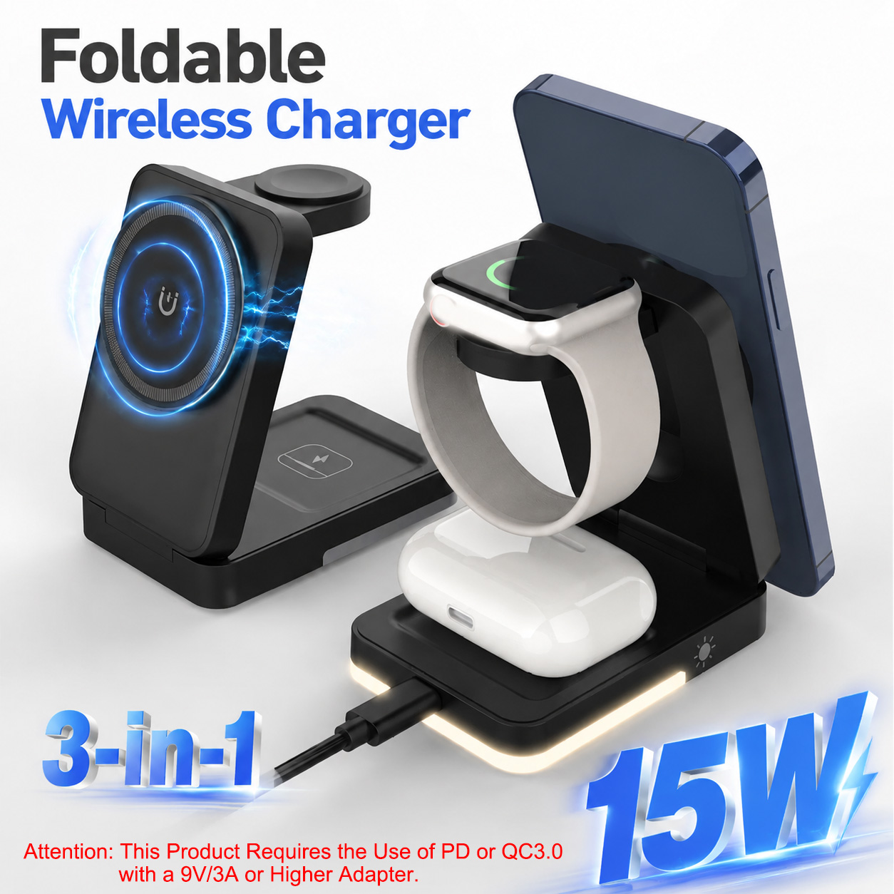 Smartwatch Ac - แท่นชาร์จไร้สายแบบพับได้ 3-in-1 กำลังไฟ 15W ชาร์จด้วยระบบแม่เหล็กแบบเหนี่ยวนำ พกพาสะดวกสำหรับการเดินทาง