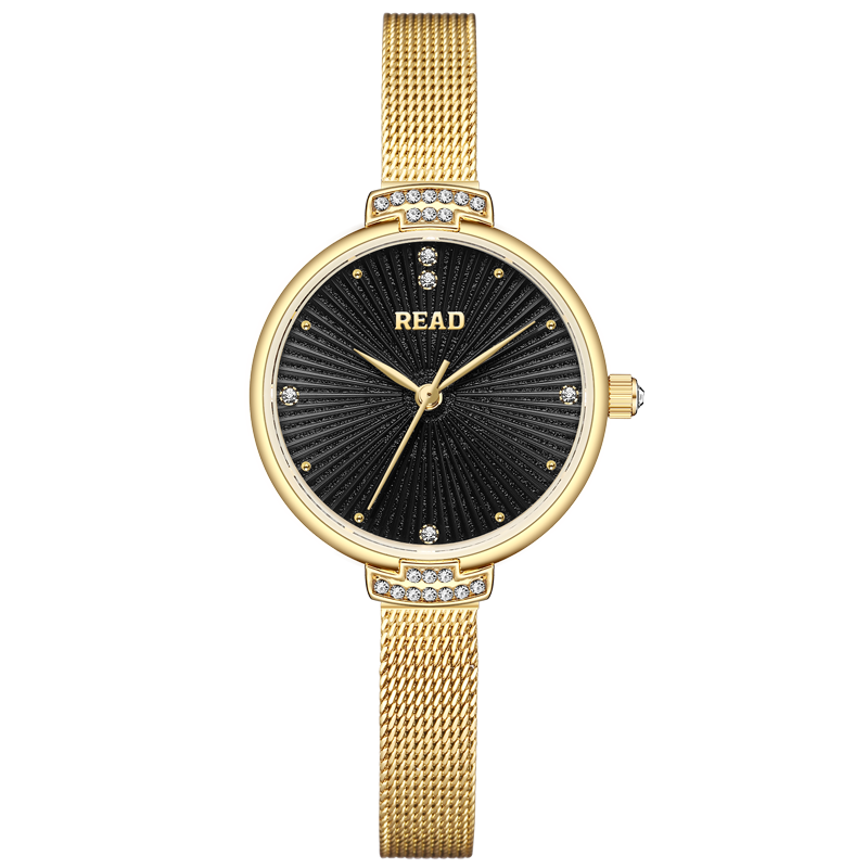 Stainless Mesh Band - นาฬิกาควอตซ์สำหรับผู้หญิง READ | หน้าปัดเซอร์คอนสีดำลายซันเบิร์สต์ | สายรัดข้อมือตาข่ายสีทอง