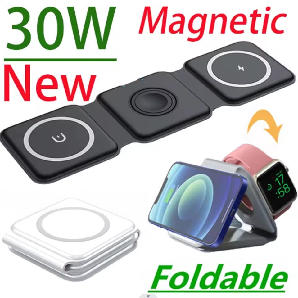 Smartwatch Ac - แท่นชาร์จไร้สายแม่เหล็กแบบพกพา 3 in 1 ชาร์จเร็ว แท่นวางพับได้